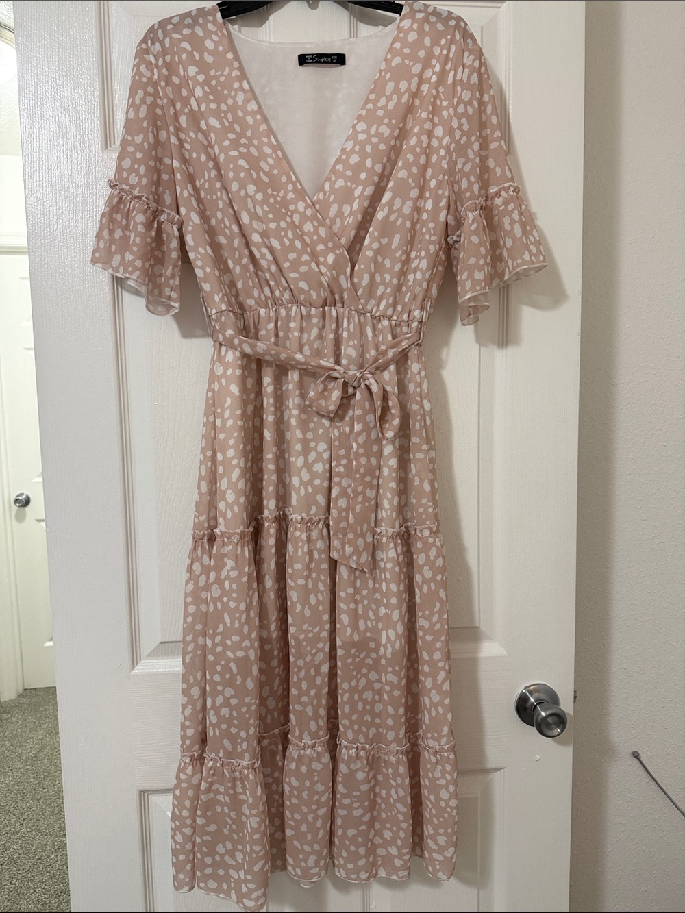 Simplee Apparel Blush Polka-Dot Belted Midi Dress
